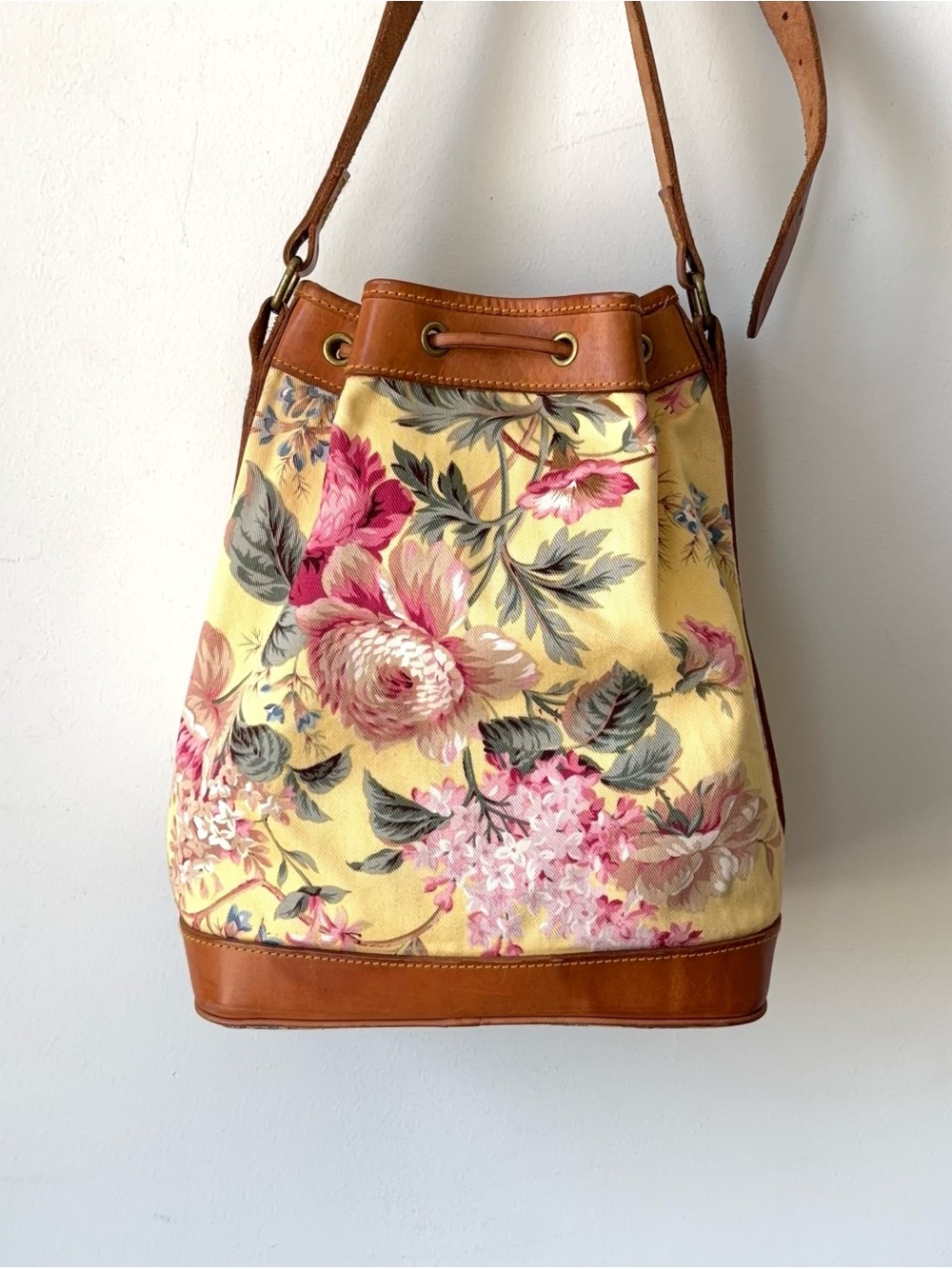 Vintage 80s Ralph Lauren Yellow Floral Drawstring Bucket Bag Leather Canvas Tote - Picture 6 of 15